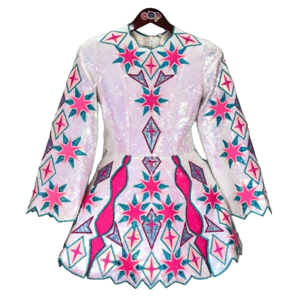Handmade Irish dancing dress Siopa Rince Teo sequin sparkle pink blue star RARE